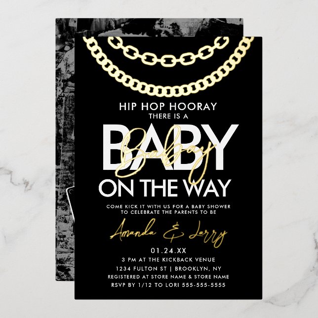 Black and Gold Hip Hop Baby Shower Foil Invitation (Front/Back)