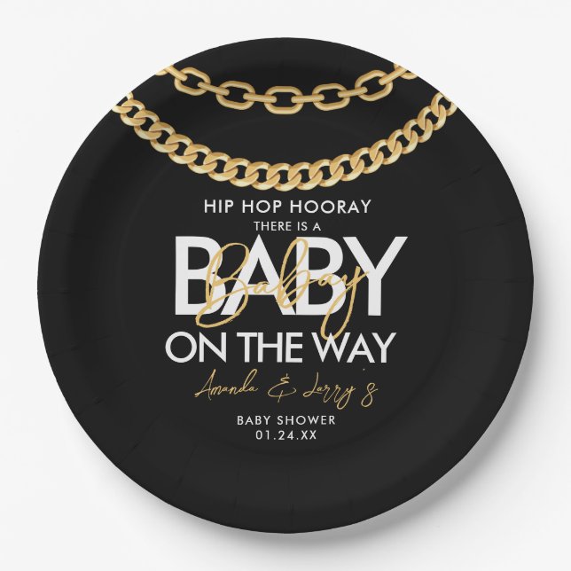Black and Gold Hip Hop Baby Shower Paper Plates (Front)