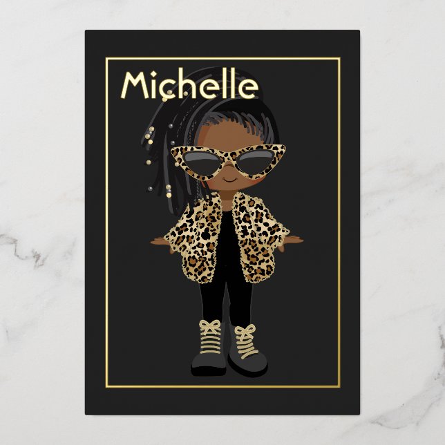 Black and Gold Hip Hop Kids Fashion Birthday Foil Invitation (Front)