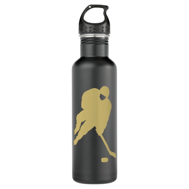 BLACK AND GOLD HOCKEY STAINLESS STEEL WATER BOTTLE (Front)