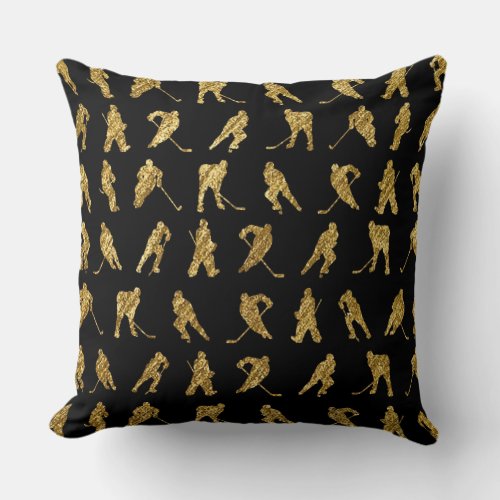 Black And Gold Hockey Theme Throw Pillow