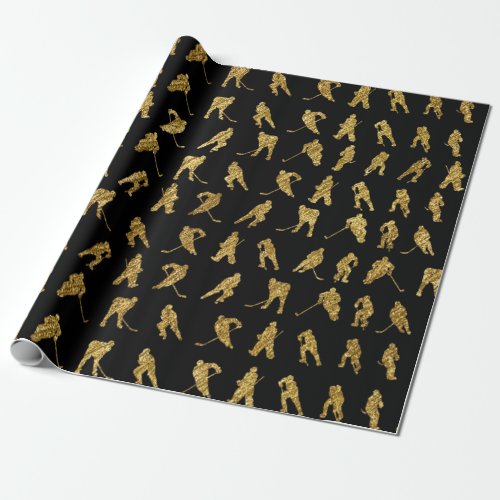 Black And Gold Hockey Theme Wrapping Paper