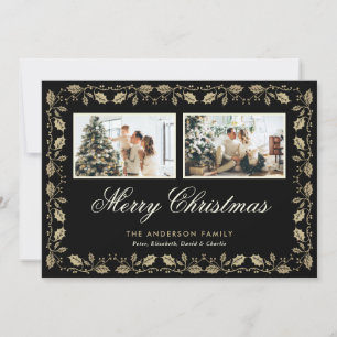 Black and Gold Holly 2 Photo Christmas Card