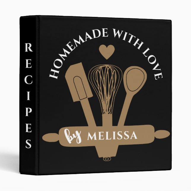 Black And Gold Homemade With Love Recipes Cookbook 3 Ring Binder (Front/Spine)