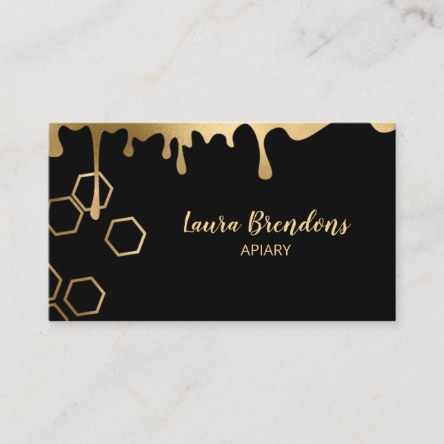 Black And Gold Honey Drips Modern Apiary Business Card (Front)