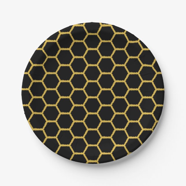 Black and Gold Honeycombs Paper Plates (Front)