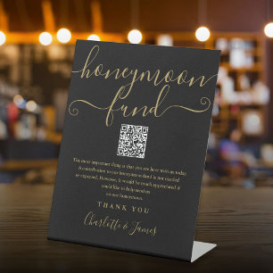 Black and Gold Honeymoon Fund QR Code Pedestal Sign