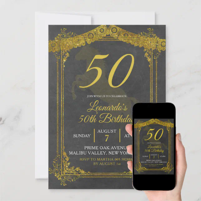 Black and Gold Horse Adult Birthday Invitation Zazzle