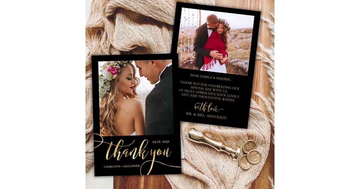 Black and Gold Huge Gold Script 2 Photo Wedding Thank You Card | Zazzle