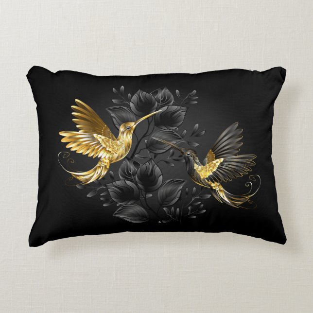 Black and Gold Hummingbird Accent Pillow (Front)