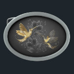 Black and Gold Hummingbird Belt Buckle<br><div class="desc">Black and gold jewelry hummingbirds on gray background decorated with plants. Jewelry birds. Golden bird. Gold bird.</div>