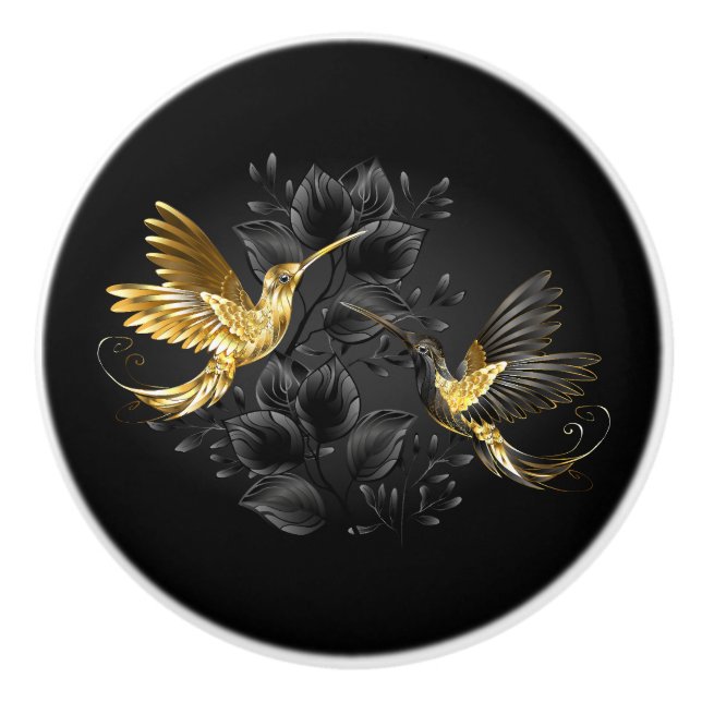 Black and Gold Hummingbird Ceramic Knob (Front)
