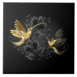 Black and Gold Hummingbird Ceramic Tile