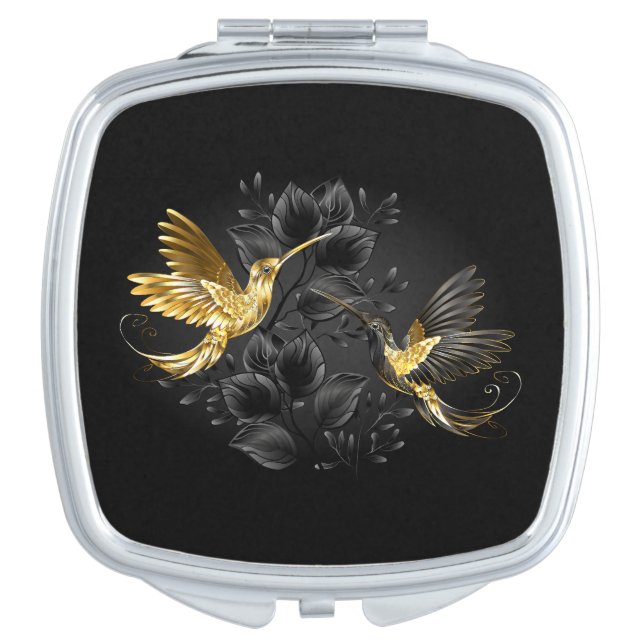 Black and Gold Hummingbird Compact Mirror (Front)