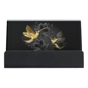 Black and Gold Hummingbird Desk Business Card Holder
