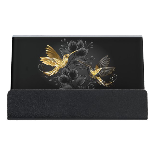 Black and Gold Hummingbird Desk Business Card Holder (Front)