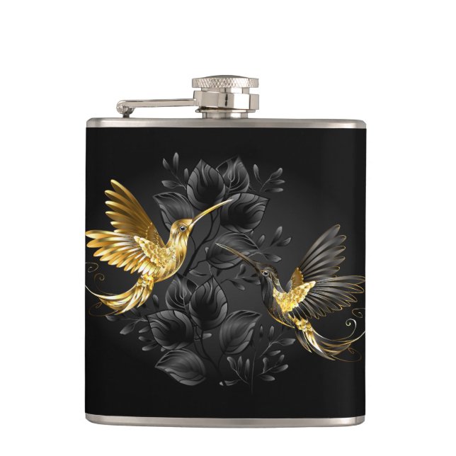 Black and Gold Hummingbird Flask (Front)