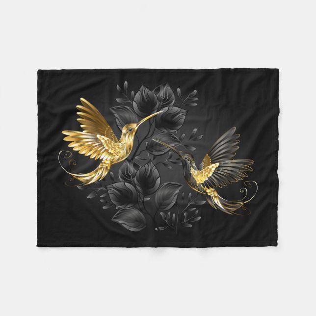 Black and Gold Hummingbird Fleece Blanket (Front (Horizontal))