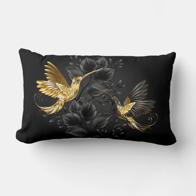 Black and Gold Hummingbird Lumbar Pillow (Front)