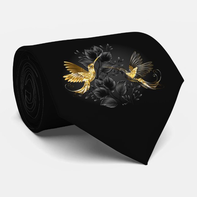 Black and Gold Hummingbird Neck Tie (Rolled)