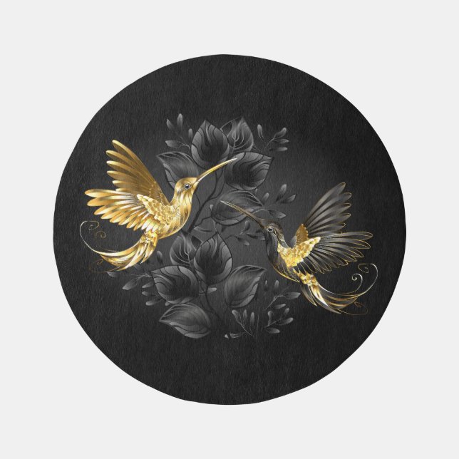 Black and Gold Hummingbird Outdoor Rug (Front)