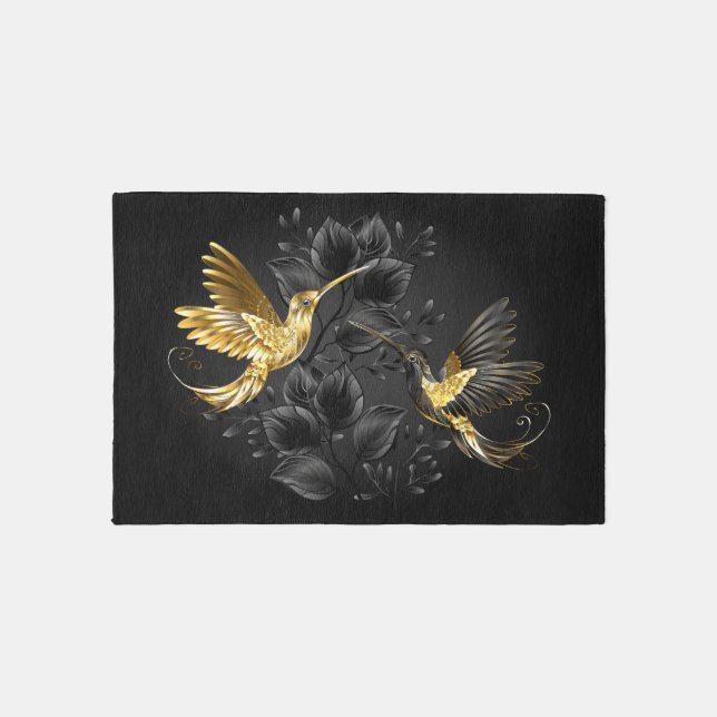 Black and Gold Hummingbird Outdoor Rug (Front)