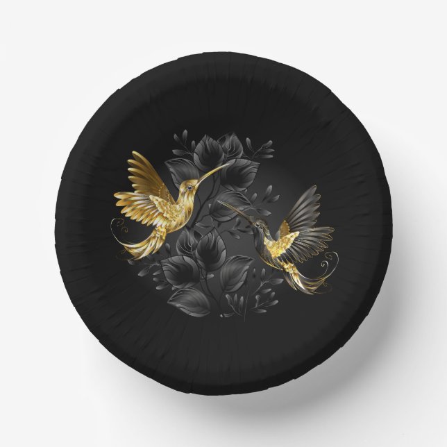 Black and Gold Hummingbird Paper Bowls (Front)