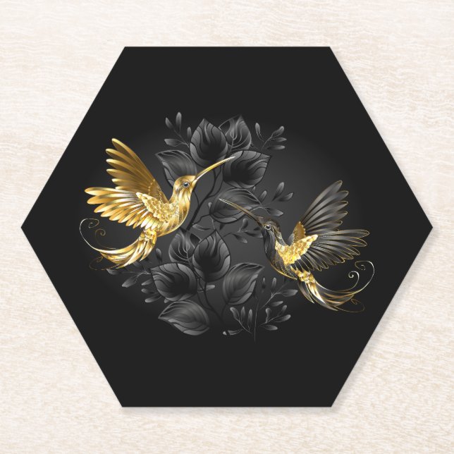 Black and Gold Hummingbird Paper Coaster (Front)