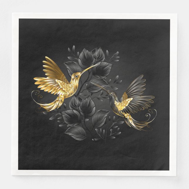 Black and Gold Hummingbird Paper Dinner Napkins (Front)