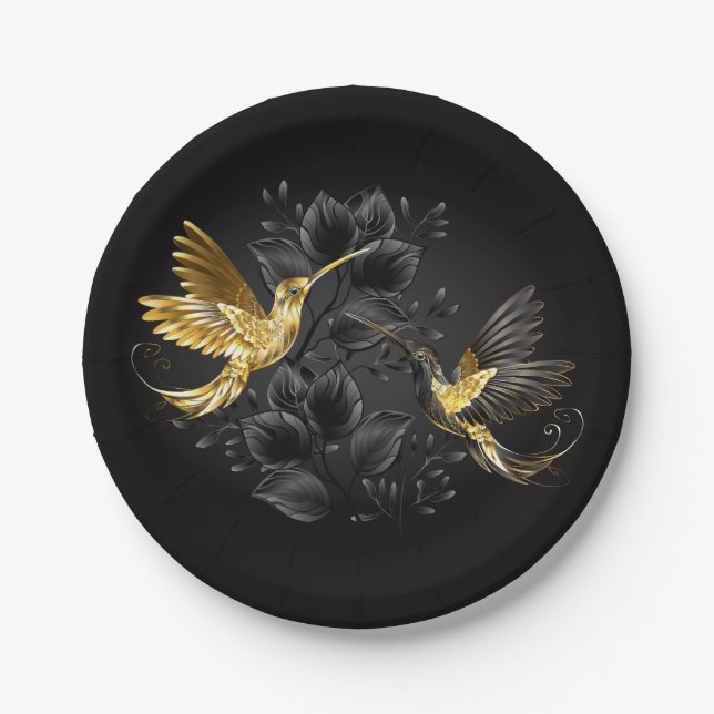 Black and Gold Hummingbird Paper Plates (Front)