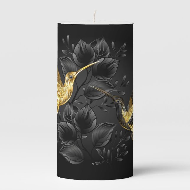 Black and Gold Hummingbird Pillar Candle (Front)