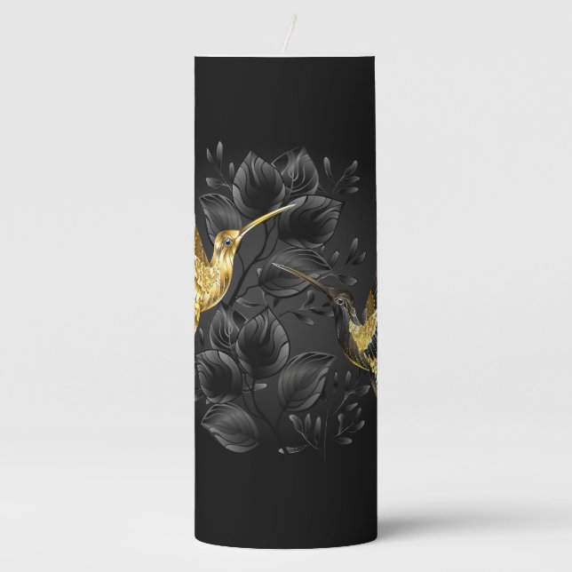 Black and Gold Hummingbird Pillar Candle (Front)
