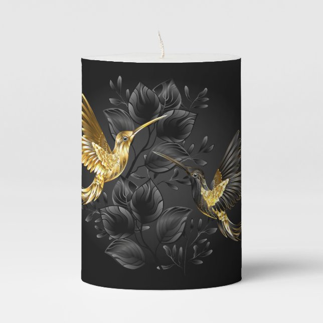 Black and Gold Hummingbird Pillar Candle (Front)