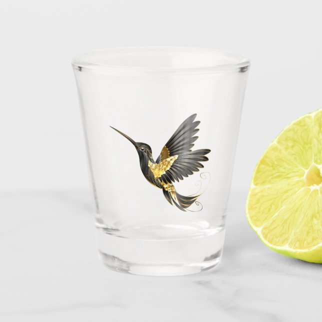Black and Gold Hummingbird Shot Glass (Front)