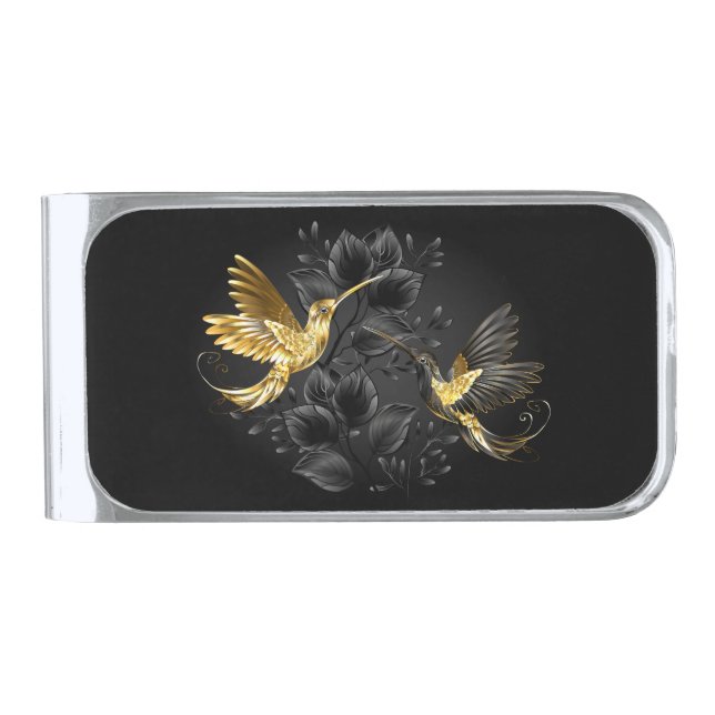 Black and Gold Hummingbird Silver Finish Money Clip (Front)