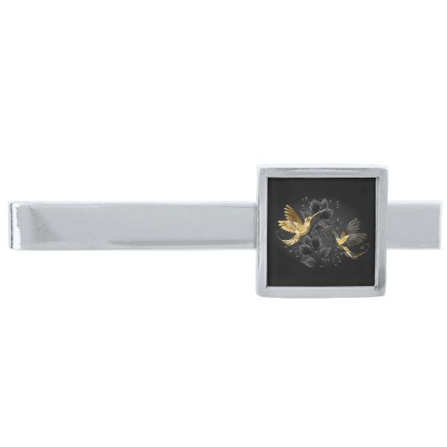 Black and Gold Hummingbird Silver Finish Tie Bar (Front)