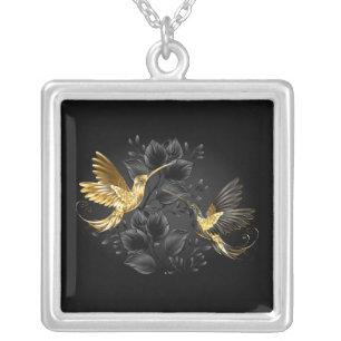 Black and Gold Hummingbird Silver Plated Necklace