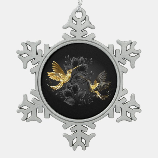 Black and Gold Hummingbird Snowflake Pewter Christmas Ornament (Front)