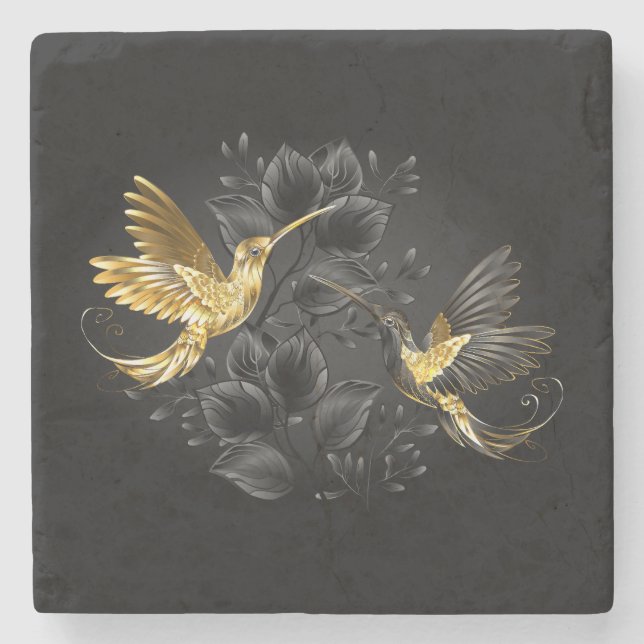 Black and Gold Hummingbird Stone Coaster (Front)