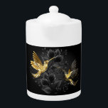 Black and Gold Hummingbird Teapot<br><div class="desc">Black and gold jewelry hummingbirds on gray background decorated with plants. Jewelry birds. Golden bird. Gold bird.</div>