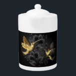 Black and Gold Hummingbird Teapot<br><div class="desc">Black and gold jewelry hummingbirds on gray background decorated with plants. Jewelry birds. Golden bird. Gold bird.</div>