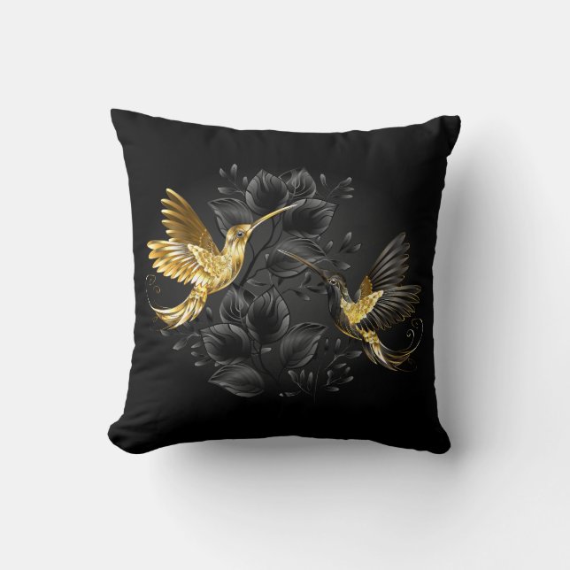 Black and Gold Hummingbird Throw Pillow (Front)
