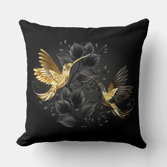 Black and Gold Hummingbird Throw Pillow (Front)