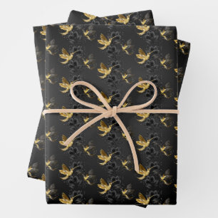 Black and Gold Hummingbird Wrapping Paper Sheets