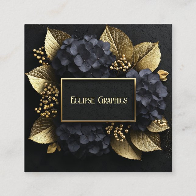 Black and Gold Hydrangea Floral Geometric Modern Square Business Card (Front)