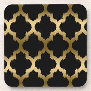 Black And Gold Ikat Quatrefoil Pattern Beverage Coaster