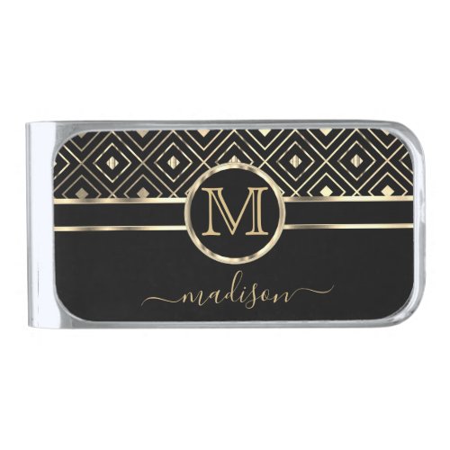 Black and Gold in a Geometric Pattern Silver Finish Money Clip