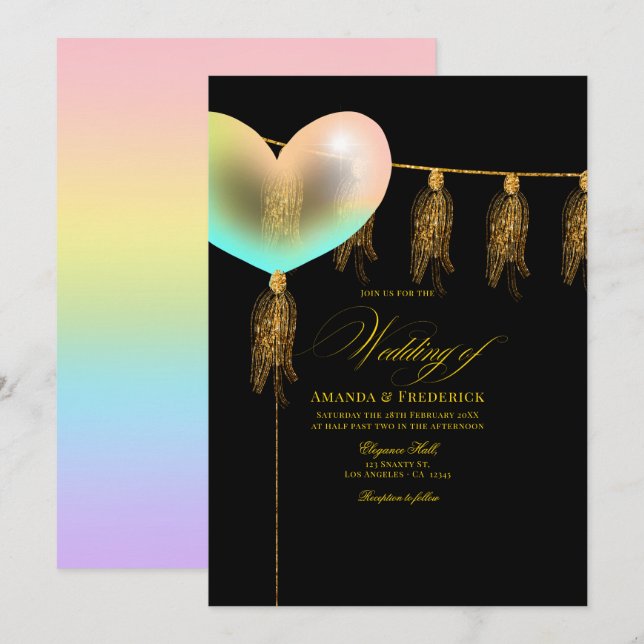 Black and Gold Iridescent Heart Wedding Invitation (Front/Back)