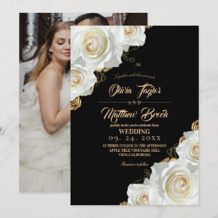 Black and Gold Ivory Rose Floral Modern Wedding Invitation