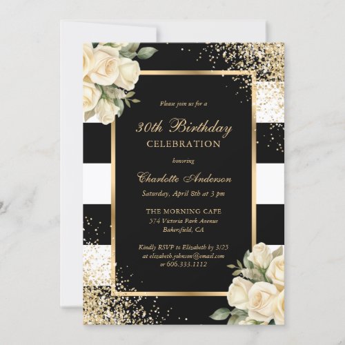 Black and Gold Ivory Roses Floral 30th Birthday Invitation